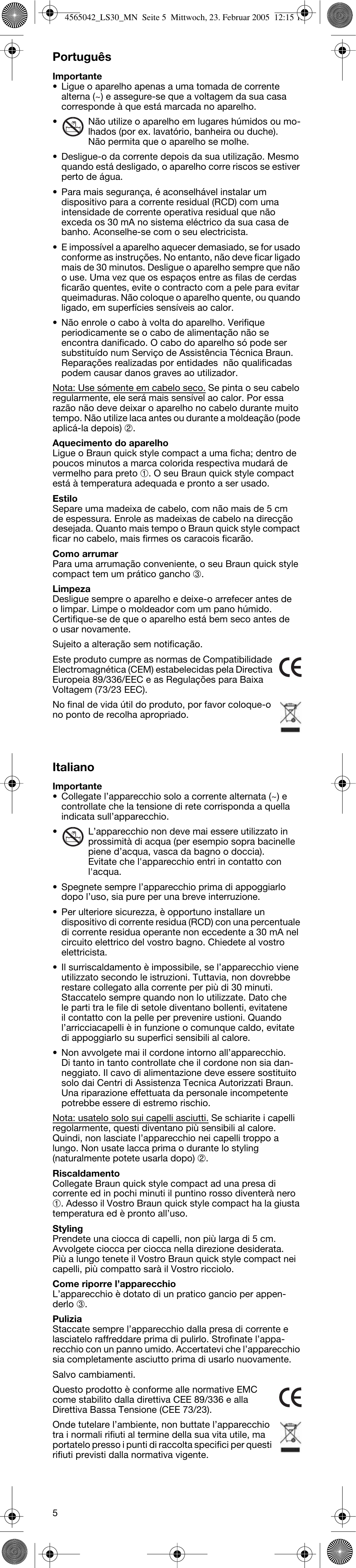 Português, Italiano | Braun LS30 quick style compact User Manual | Page 5 / 12