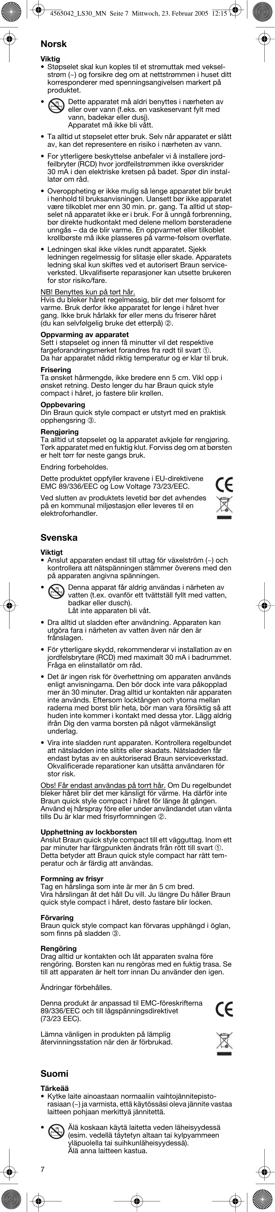 Norsk, Svenska, Suomi | Braun LS30 quick style compact User Manual | Page 7 / 12