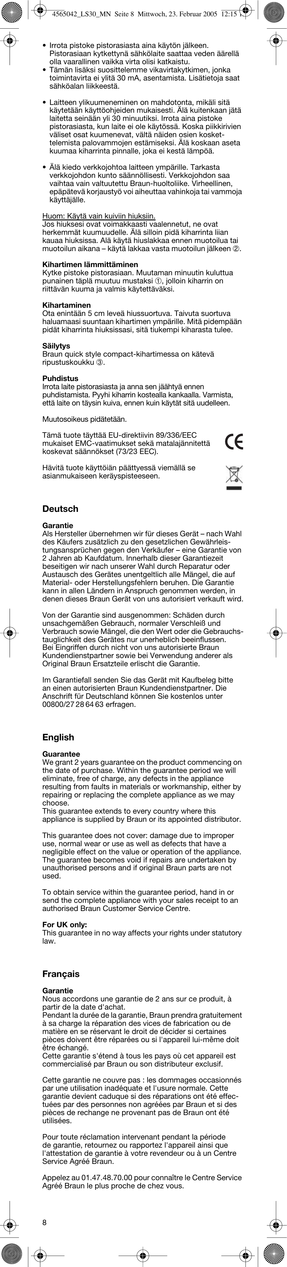 Deutsch, English, Français | Braun LS30 quick style compact User Manual | Page 8 / 12