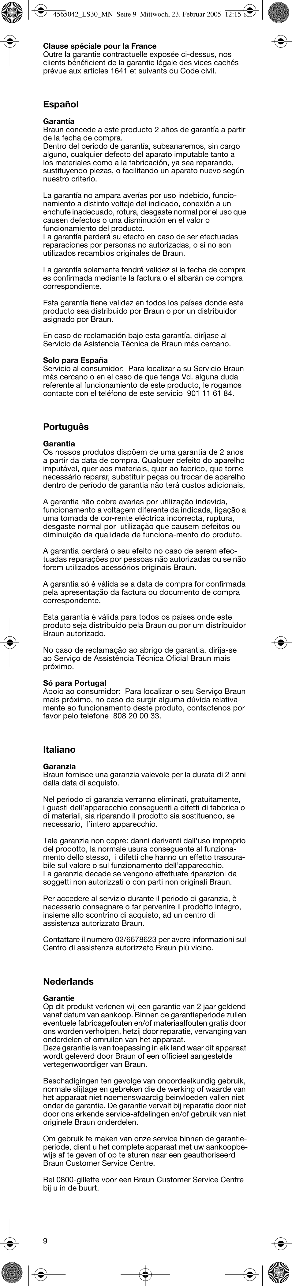 Español, Português, Italiano | Nederlands | Braun LS30 quick style compact User Manual | Page 9 / 12