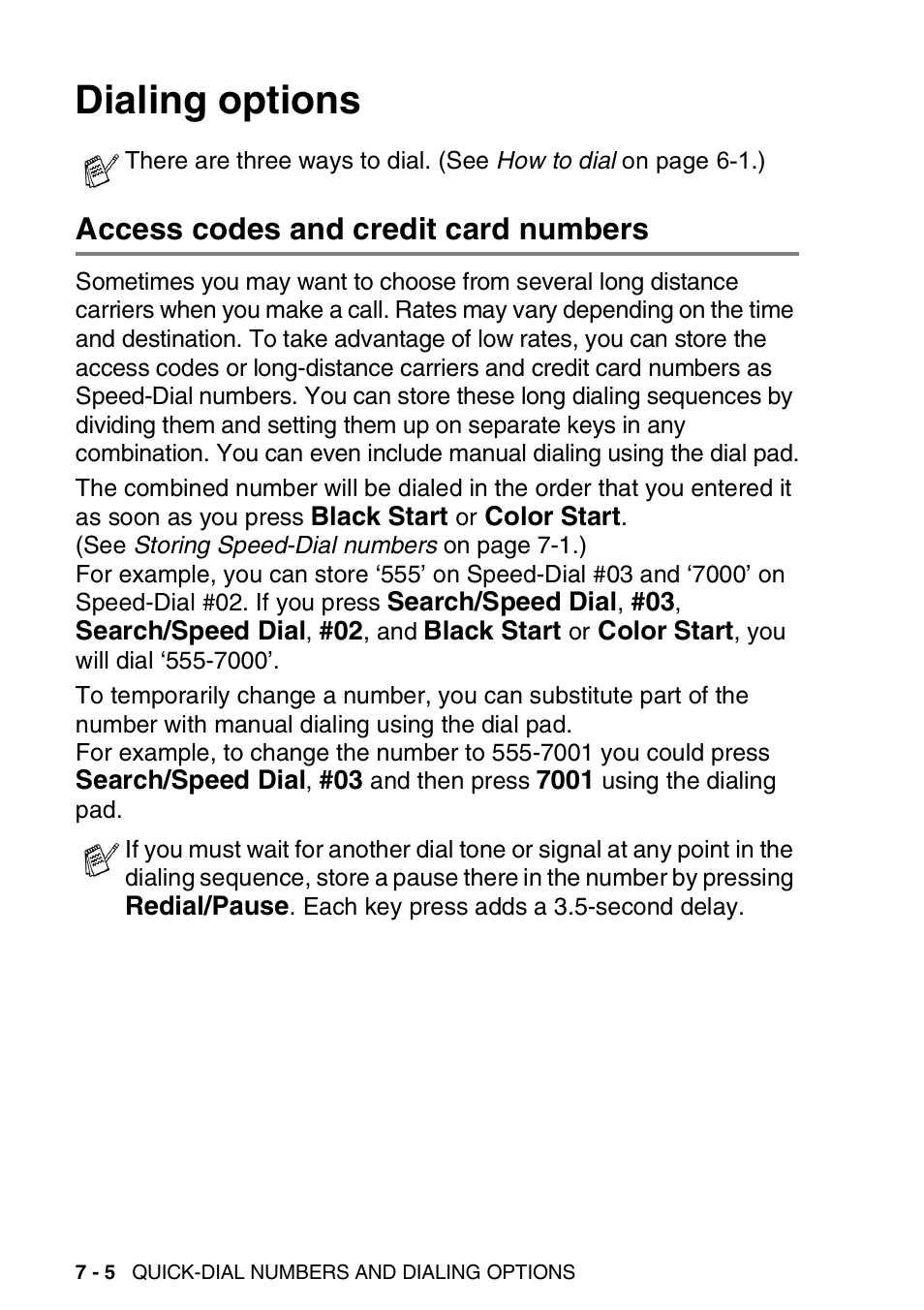 Dialing options, Access codes and credit card numbers, Dialing options -5 | Access codes and credit card numbers -5 | Brother MFC-3820CN User Manual | Page 101 / 191