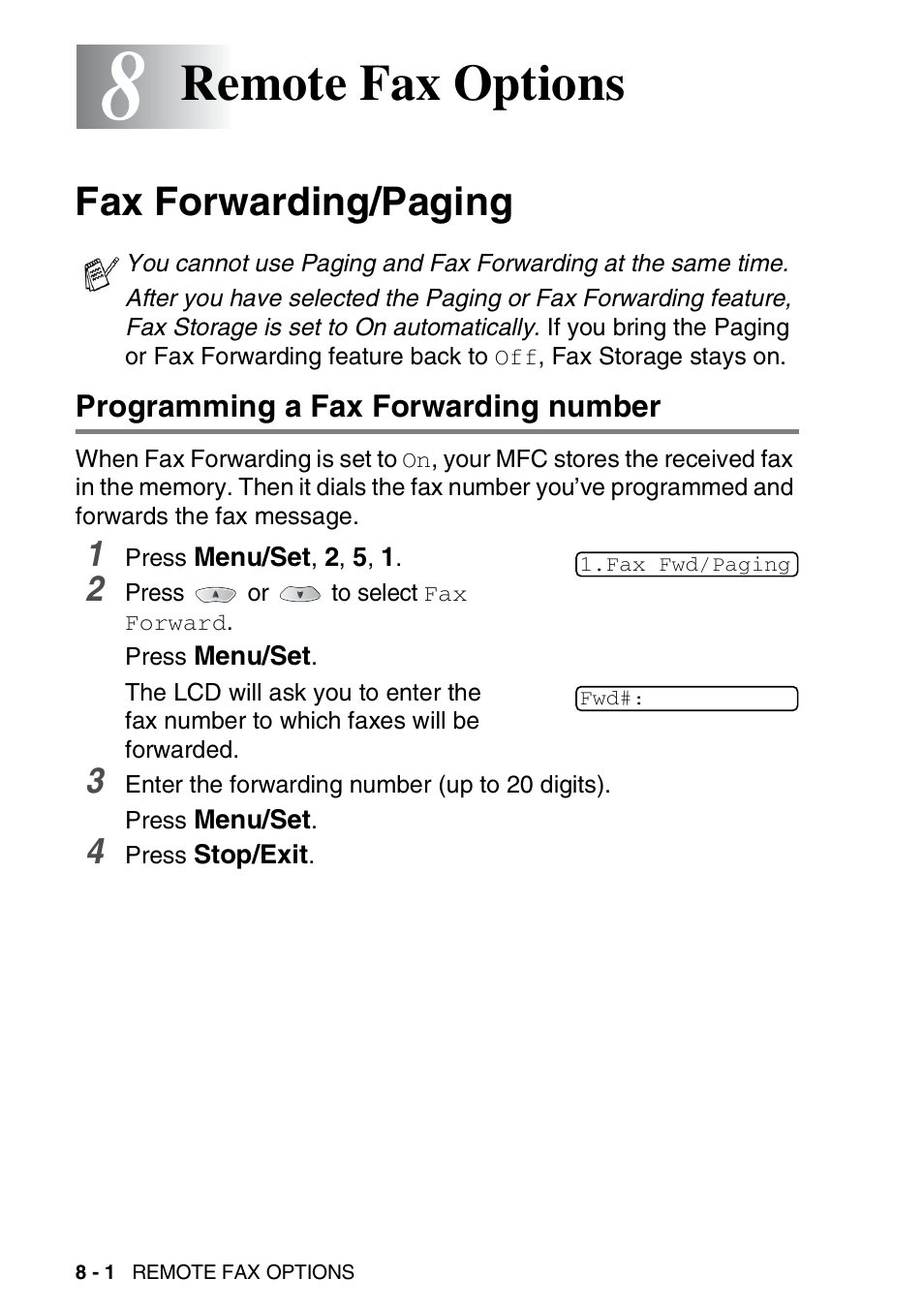 8 remote fax options, Fax forwarding/paging, Programming a fax forwarding number | Remote fax options -1, Fax forwarding/paging -1, Programming a fax forwarding number -1, Remote fax options | Brother MFC-3820CN User Manual | Page 103 / 191