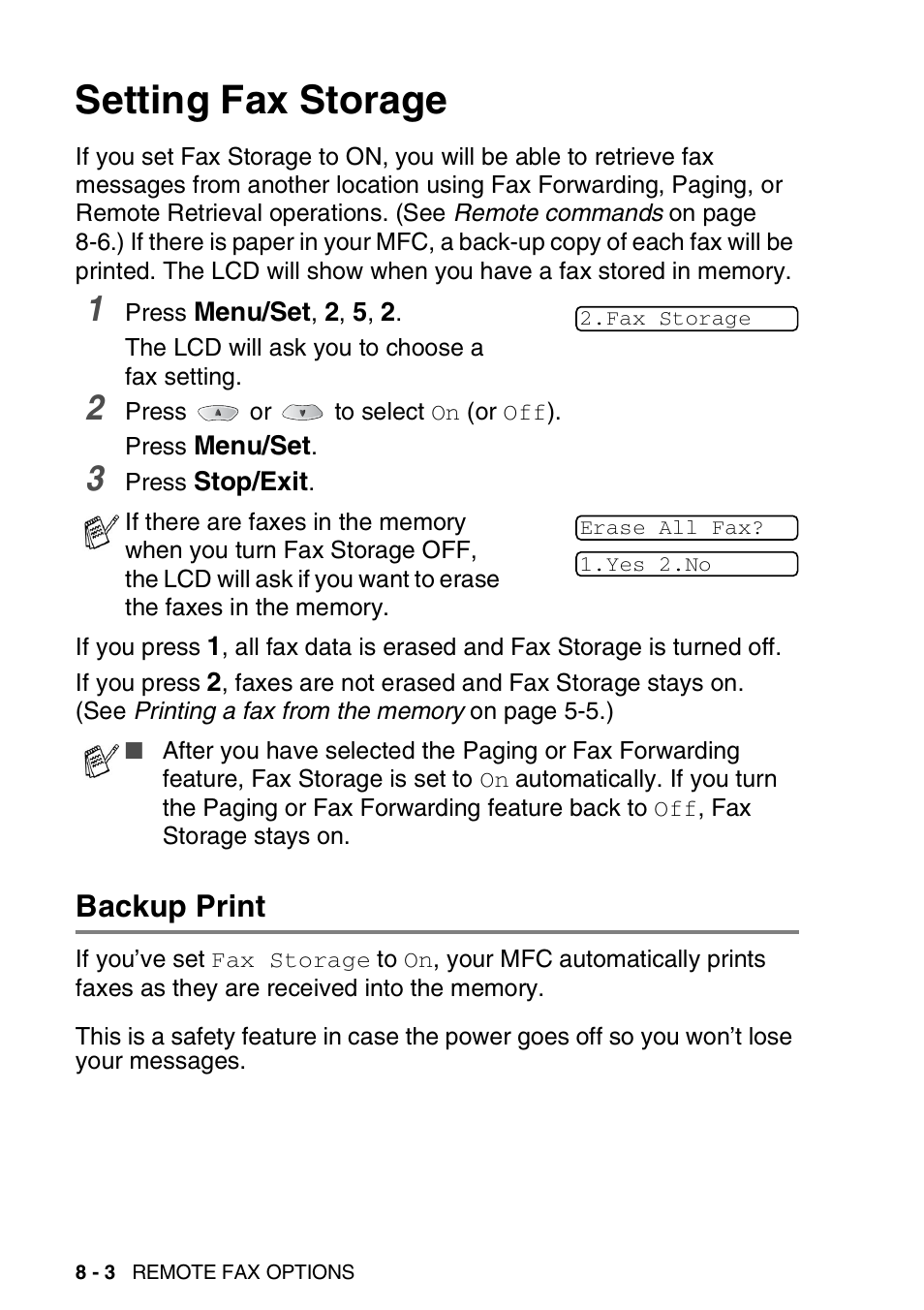 Setting fax storage, Backup print, Setting fax storage -3 | Backup print -3, So you won’t lose your messages -3 | Brother MFC-3820CN User Manual | Page 105 / 191