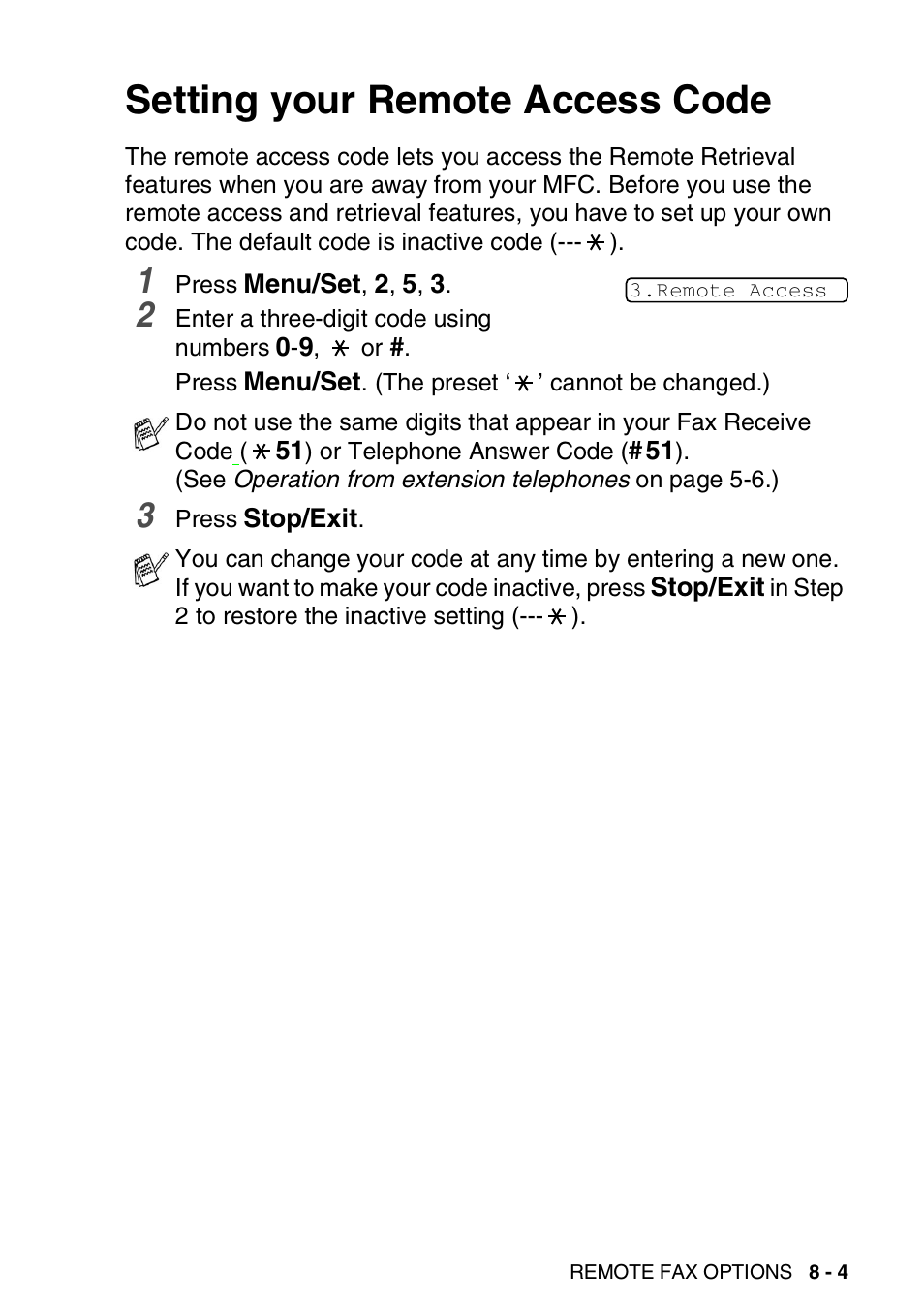 Setting your remote access code, Setting your remote access code -4 | Brother MFC-3820CN User Manual | Page 106 / 191