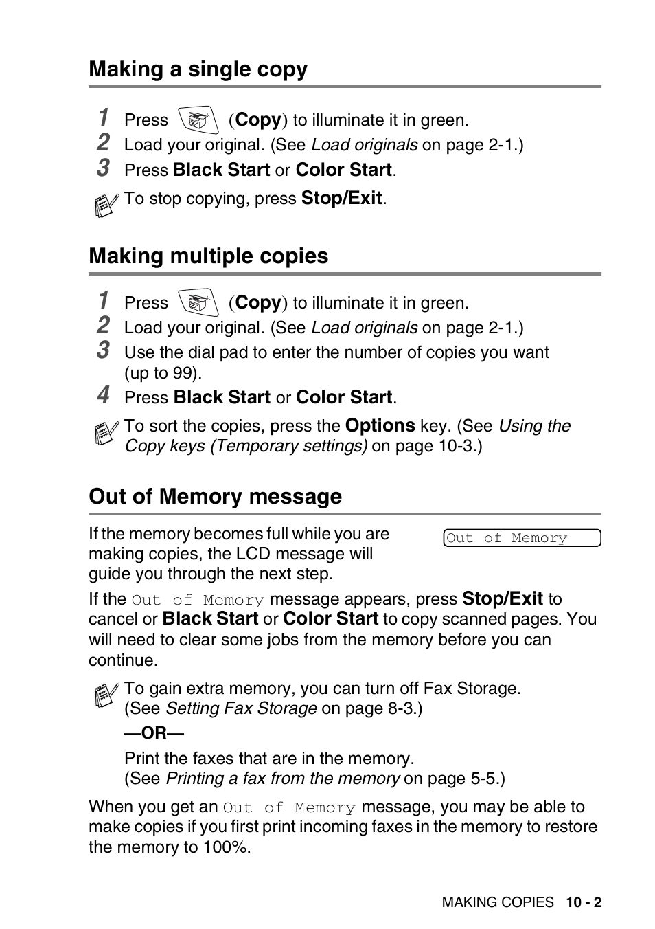 Making a single copy, Making multiple copies, Out of memory message | Brother MFC-3820CN User Manual | Page 114 / 191