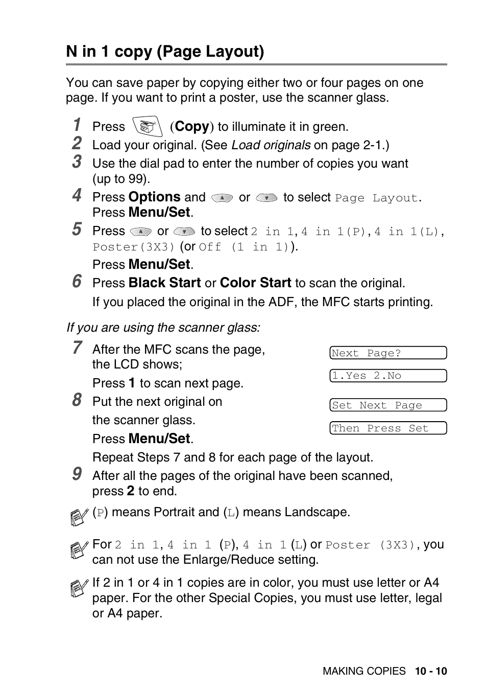 N in 1 copy (page layout) | Brother MFC-3820CN User Manual | Page 122 / 191