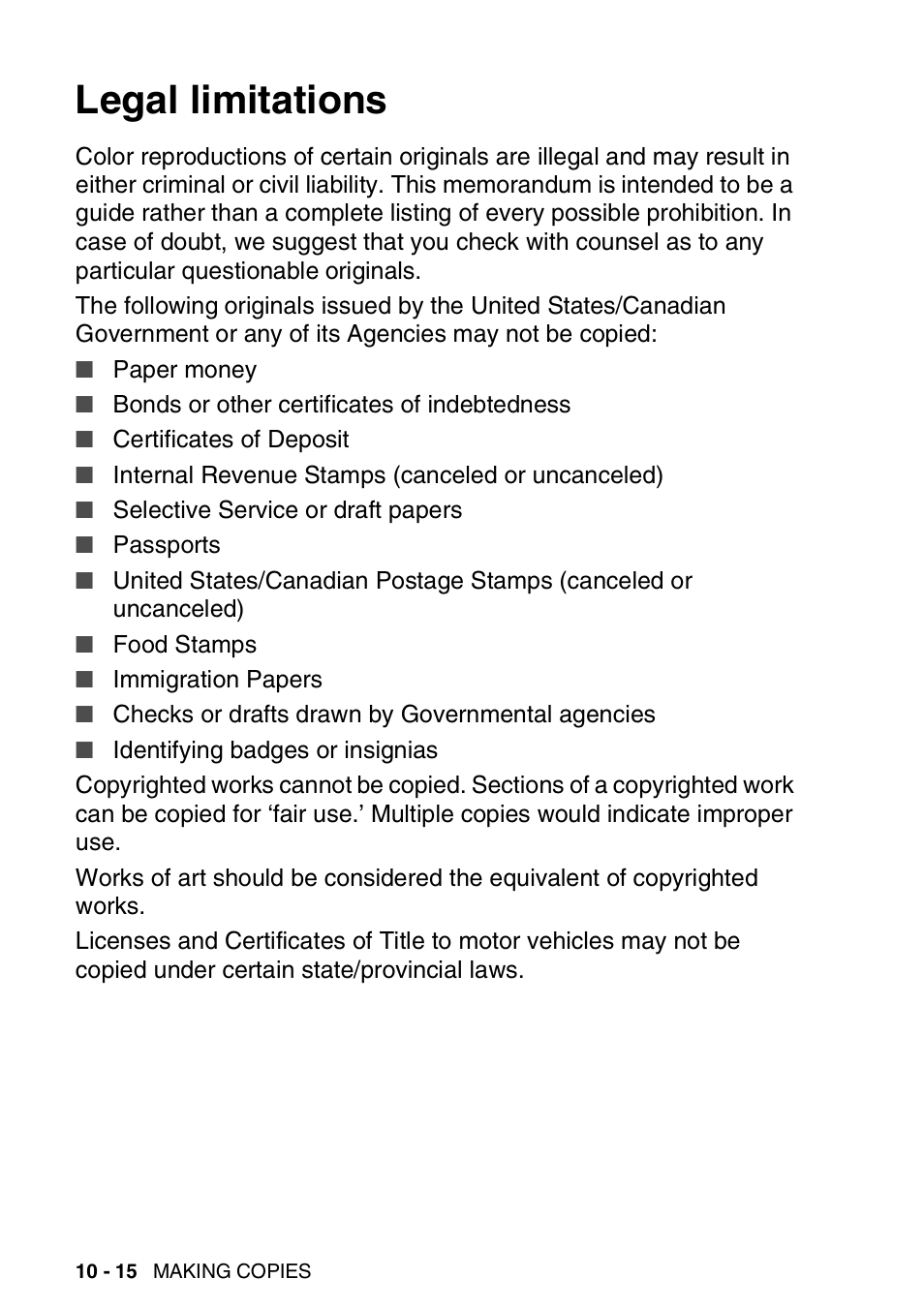 Legal limitations, Legal limitations -15 | Brother MFC-3820CN User Manual | Page 127 / 191