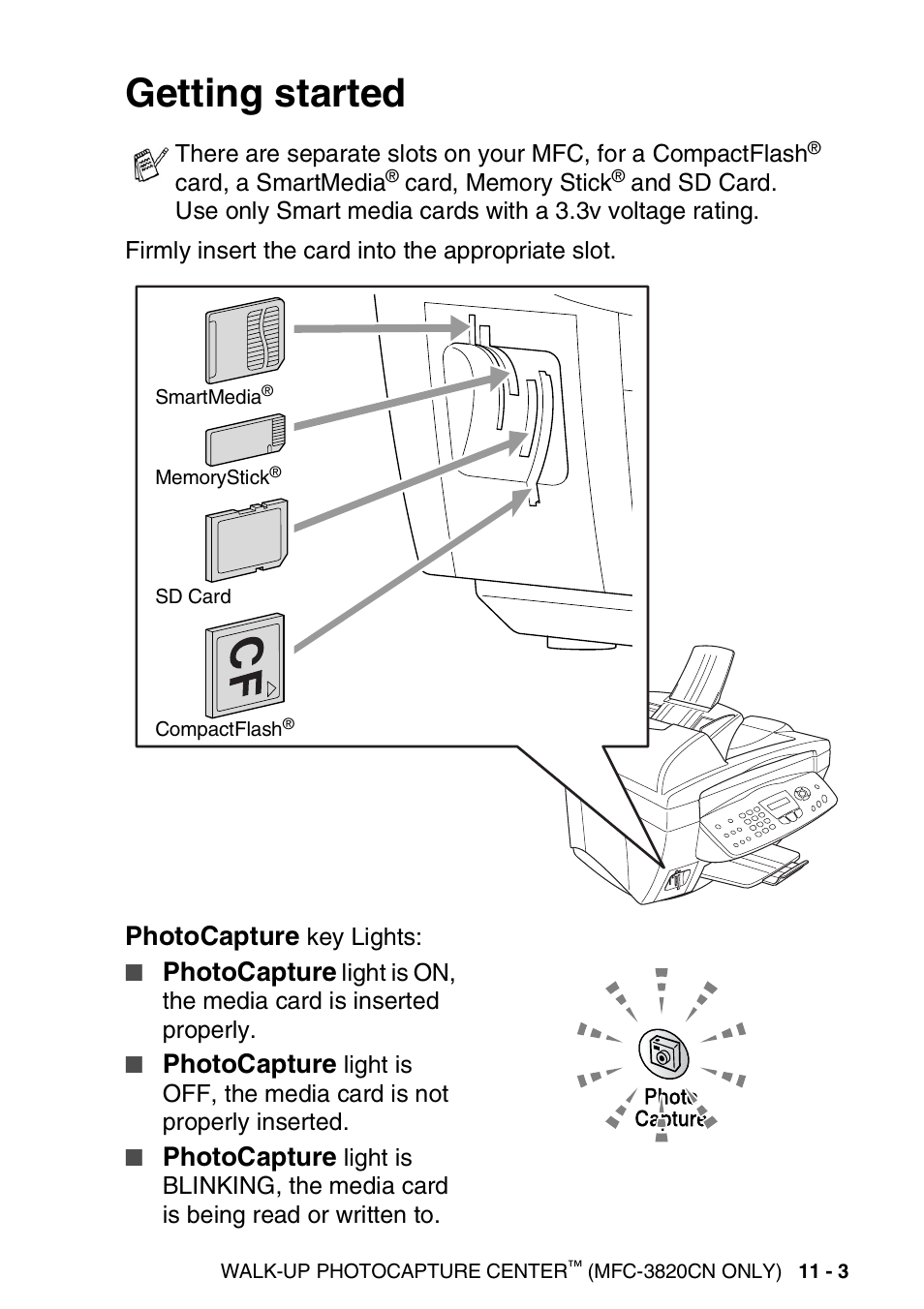 Getting started, Getting started -3, Photocapture | Brother MFC-3820CN User Manual | Page 130 / 191