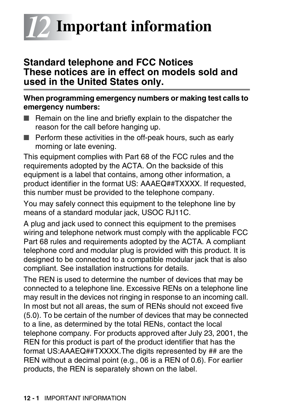 12 important information, Important information -1, Standard telephone and fcc notices | Important information | Brother MFC-3820CN User Manual | Page 141 / 191