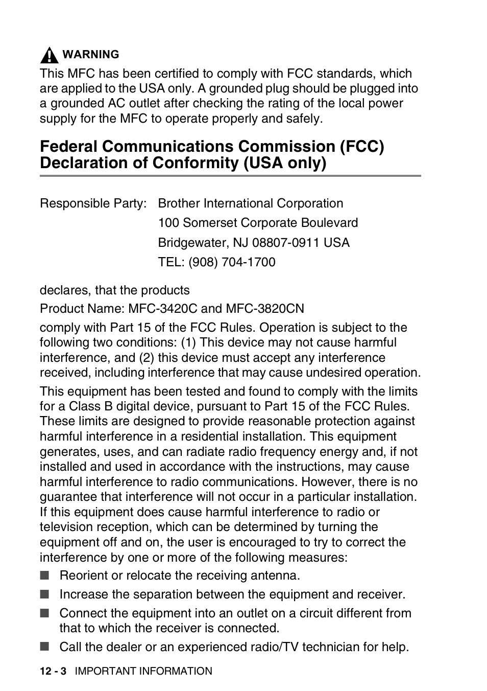 Federal communications commission (fcc), Declaration of conformity (usa only) -3 | Brother MFC-3820CN User Manual | Page 143 / 191