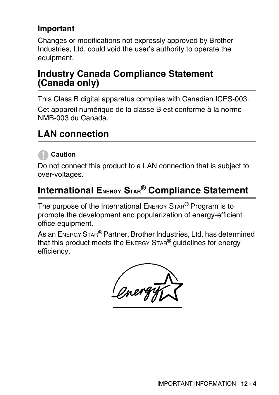 Important, Industry canada compliance statement (canada only), Lan connection | International energy star® compliance statement, Important -4, Industry canada compliance statement, Canada only) -4, Lan connection -4 international energy star, Compliance, Statement -4 | Brother MFC-3820CN User Manual | Page 144 / 191