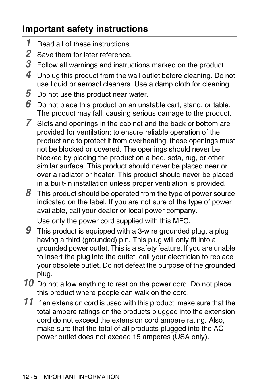 Important safety instructions, Important safety instructions -5 | Brother MFC-3820CN User Manual | Page 145 / 191