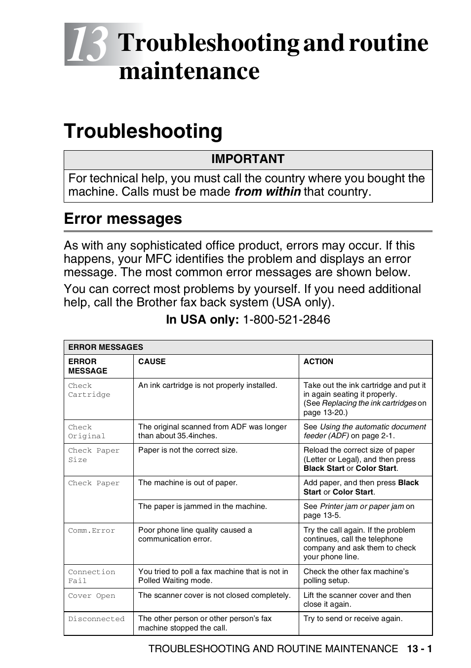 13 troubleshooting and routine maintenance, Troubleshooting, Error messages | Troubleshooting and routine maintenance -1, Troubleshooting -1, Error messages -1, Troubleshooting and routine maintenance | Brother MFC-3820CN User Manual | Page 148 / 191