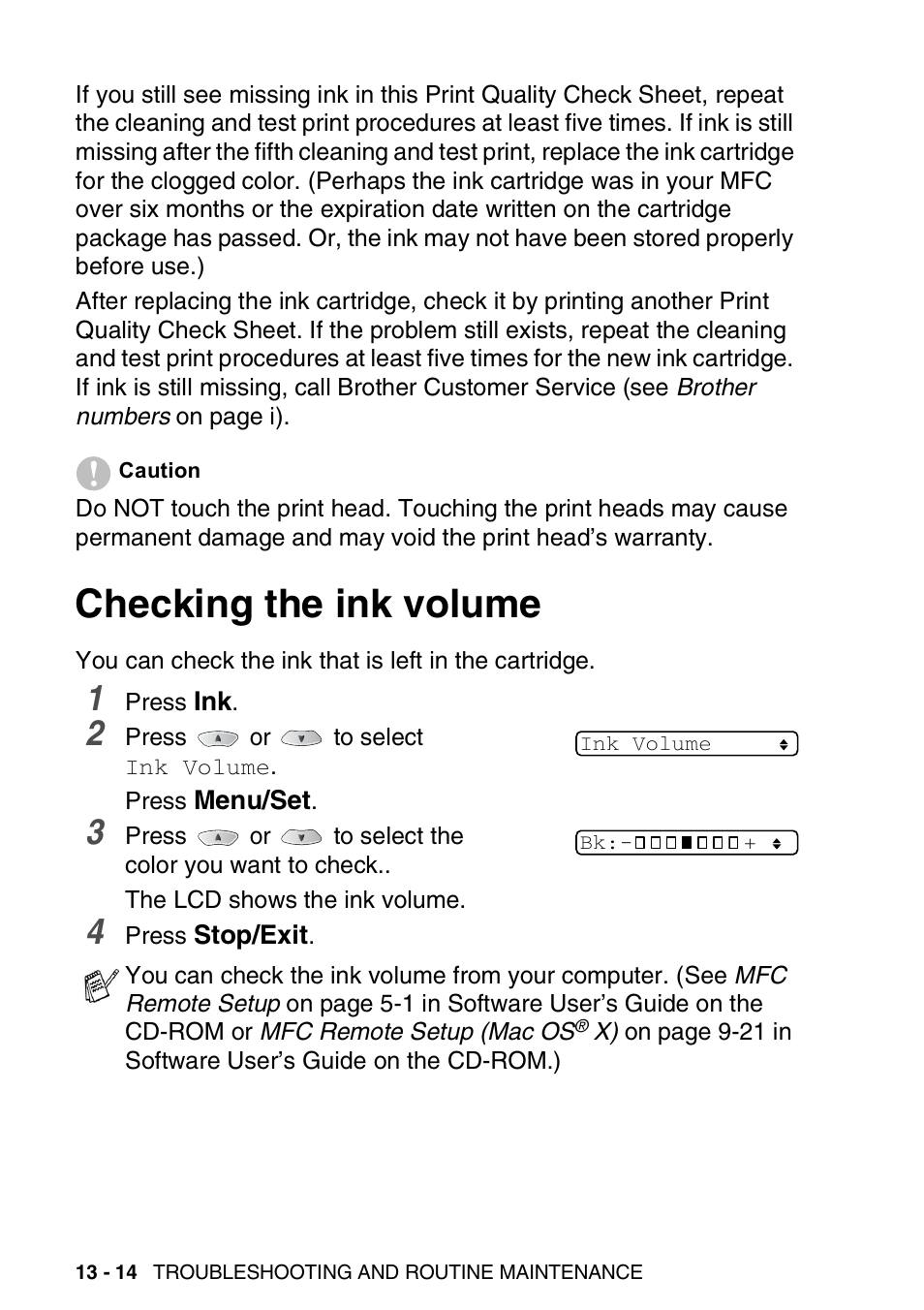 Checking the ink volume, Checking the ink volume -14 | Brother MFC-3820CN User Manual | Page 161 / 191