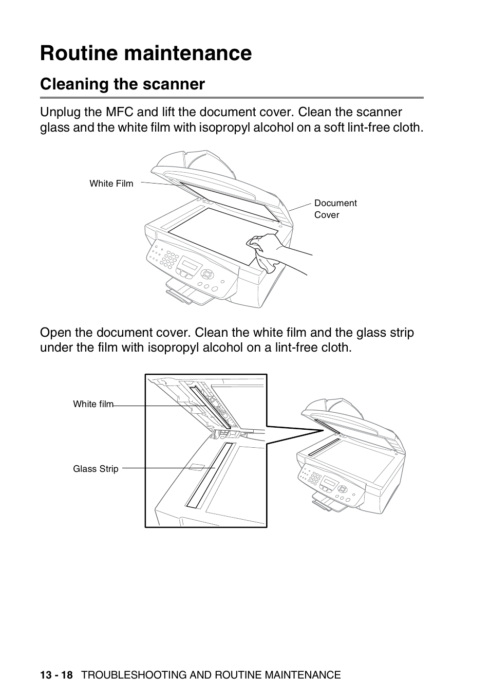 Routine maintenance, Cleaning the scanner, Routine maintenance -18 | Cleaning the scanner -18 | Brother MFC-3820CN User Manual | Page 165 / 191