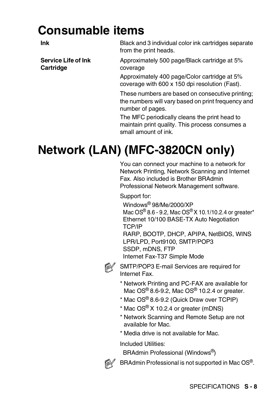 Consumable items, Network (lan) (mfc-3820cn only), Consumable items network (lan) (mfc-3820cn only) | Brother MFC-3820CN User Manual | Page 182 / 191