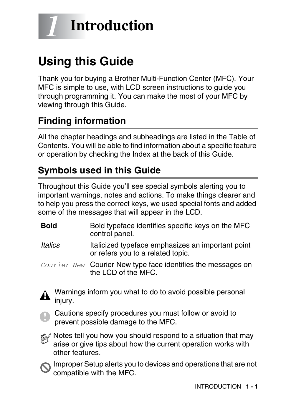 1 introduction, Using this guide, Finding information | Symbols used in this guide, Introduction -1, Using this guide -1, Introduction | Brother MFC-3820CN User Manual | Page 22 / 191