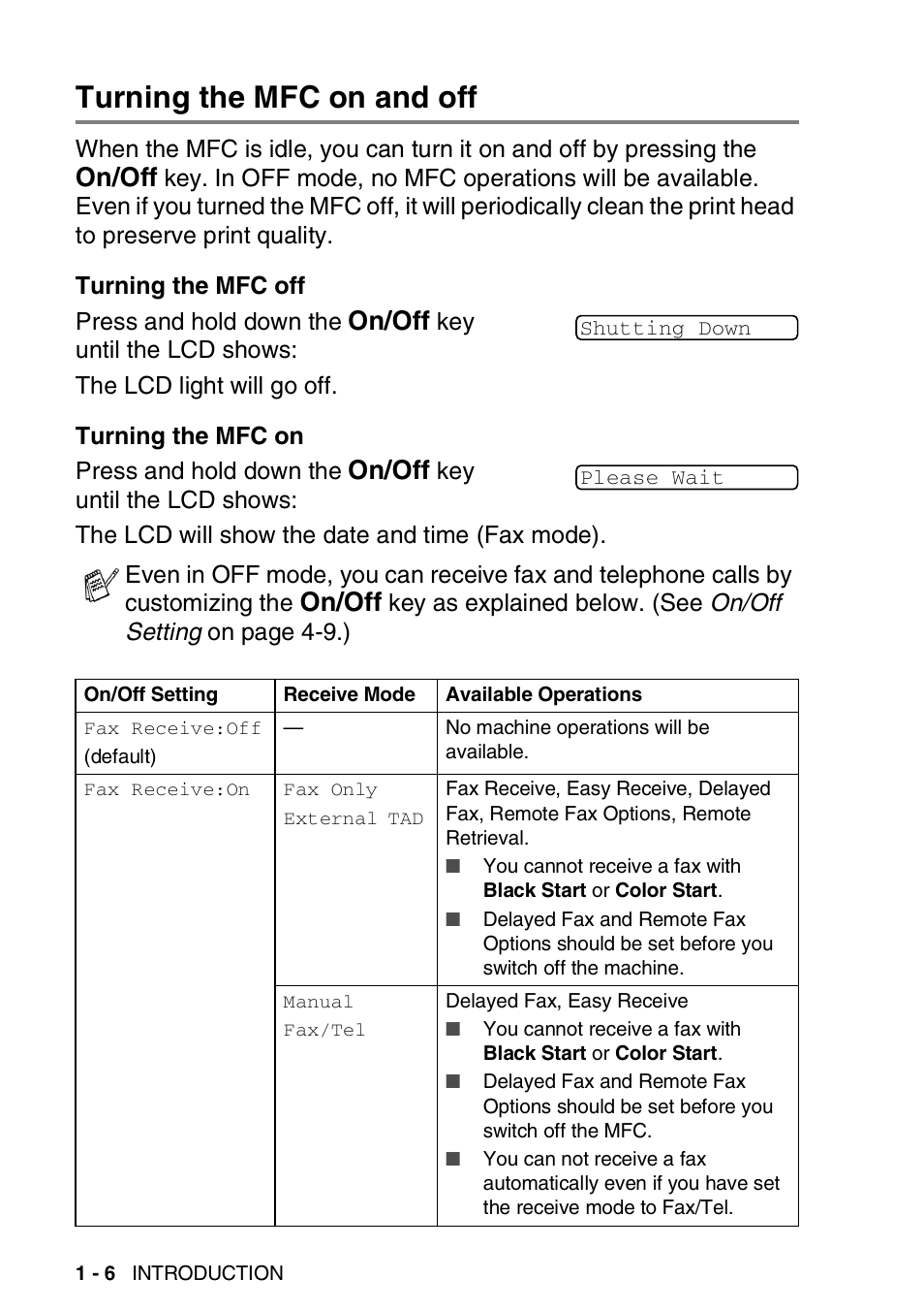 Turning the mfc on and off, Turning the mfc on and off -6, On/off | Brother MFC-3820CN User Manual | Page 27 / 191