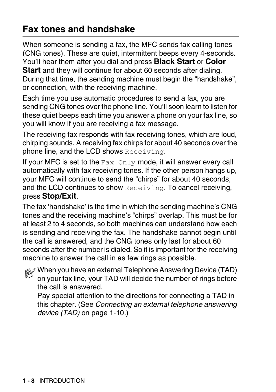 Fax tones and handshake, Fax tones and handshake -8 | Brother MFC-3820CN User Manual | Page 29 / 191