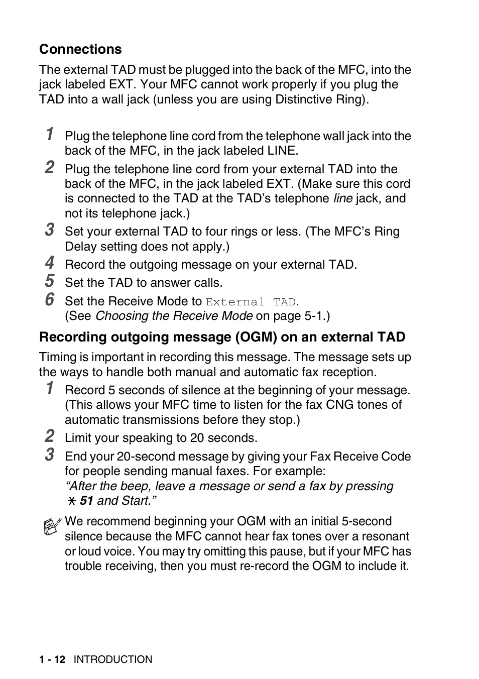 Connections, An external tad -12 | Brother MFC-3820CN User Manual | Page 33 / 191