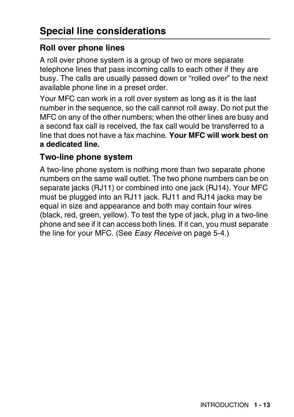 Special line considerations, Roll over phone lines, Two-line phone system | Special line considerations -13 | Brother MFC-3820CN User Manual | Page 34 / 191