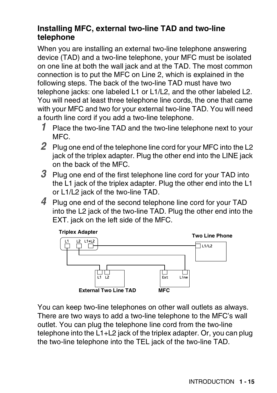 Installing mfc, external two-line tad and, Two-line telephone -15 | Brother MFC-3820CN User Manual | Page 36 / 191