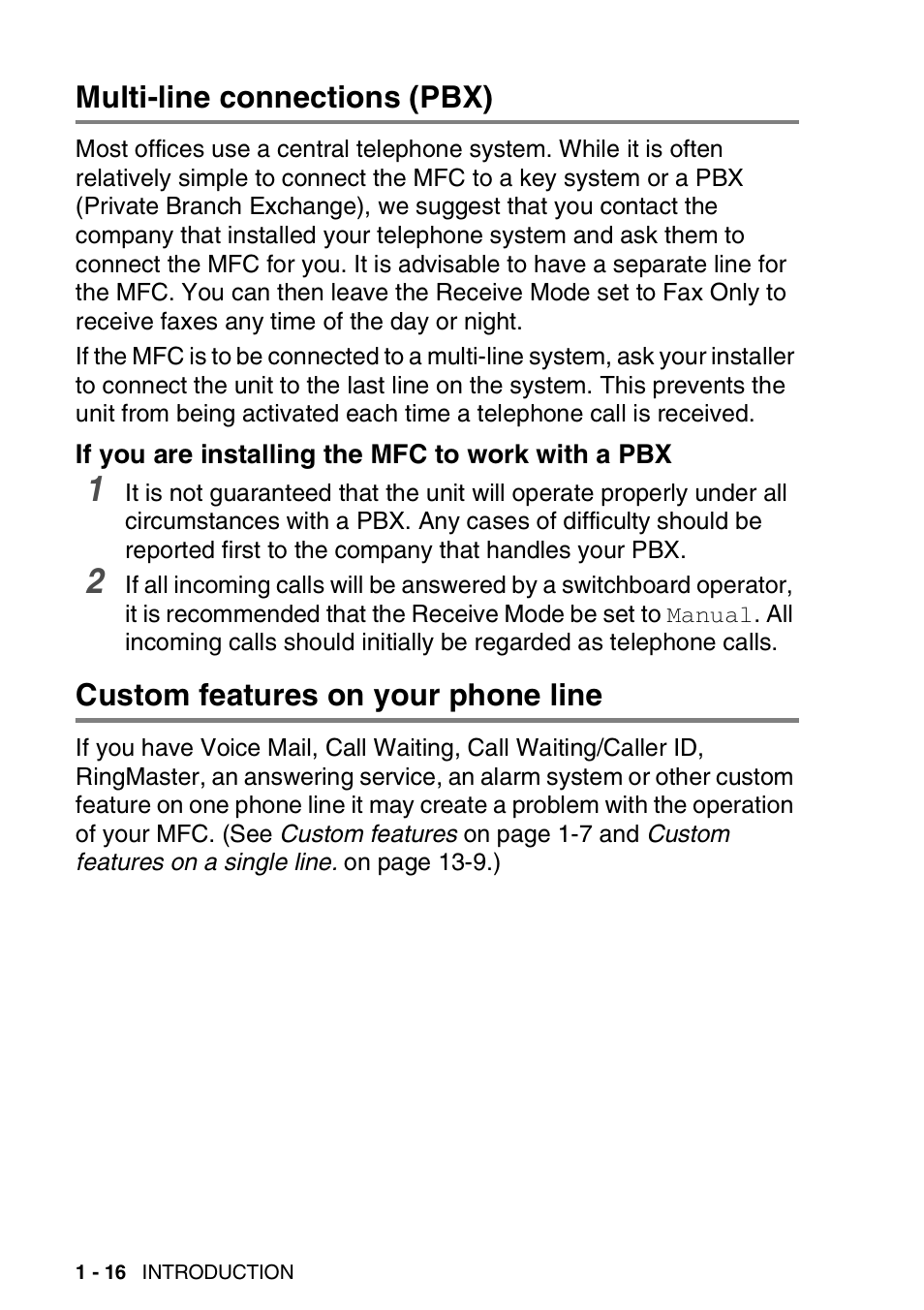 Multi-line connections (pbx), If you are installing the mfc to work with a pbx, Custom features on your phone line | Multi-line connections (pbx) -16, Custom features on your phone line -16 | Brother MFC-3820CN User Manual | Page 37 / 191