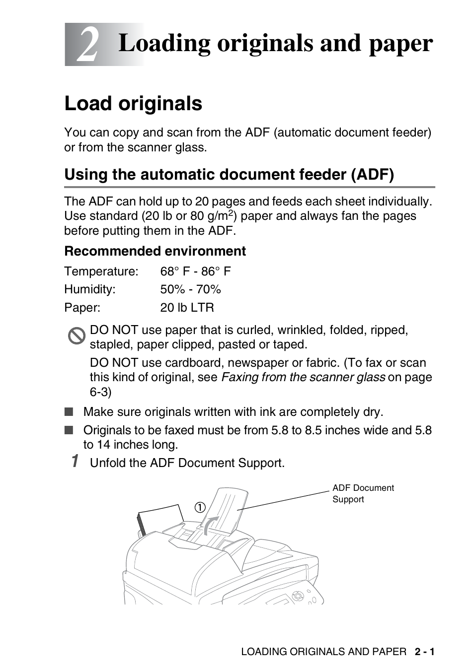 2 loading originals and paper, Load originals, Using the automatic document feeder (adf) | Recommended environment, Loading originals and paper -1, Load originals -1, Using the automatic document feeder (adf) -1, Recommended environment -1, Loading originals and paper | Brother MFC-3820CN User Manual | Page 38 / 191