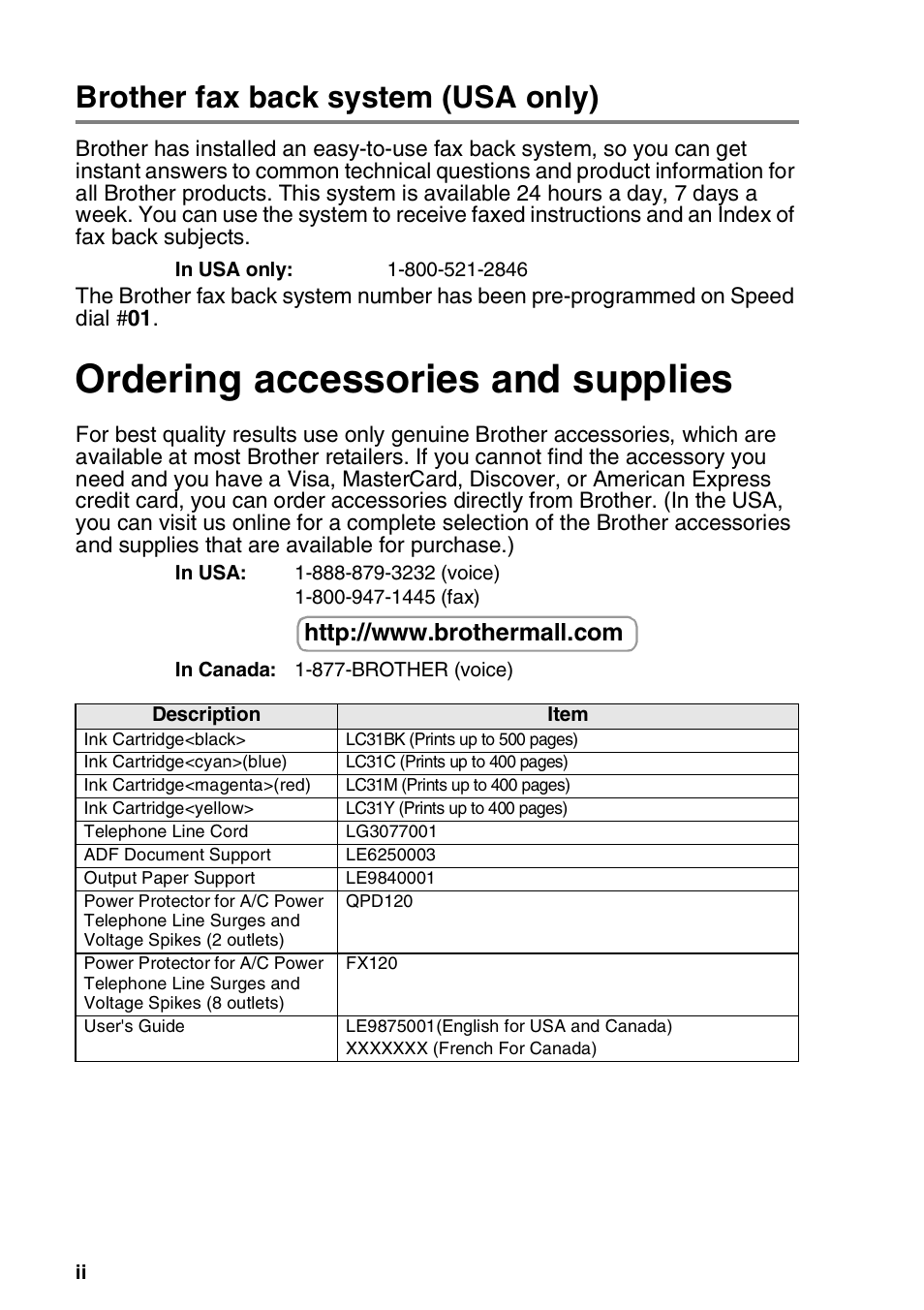 Brother fax back system (usa only), Ordering accessories and supplies | Brother MFC-3820CN User Manual | Page 4 / 191