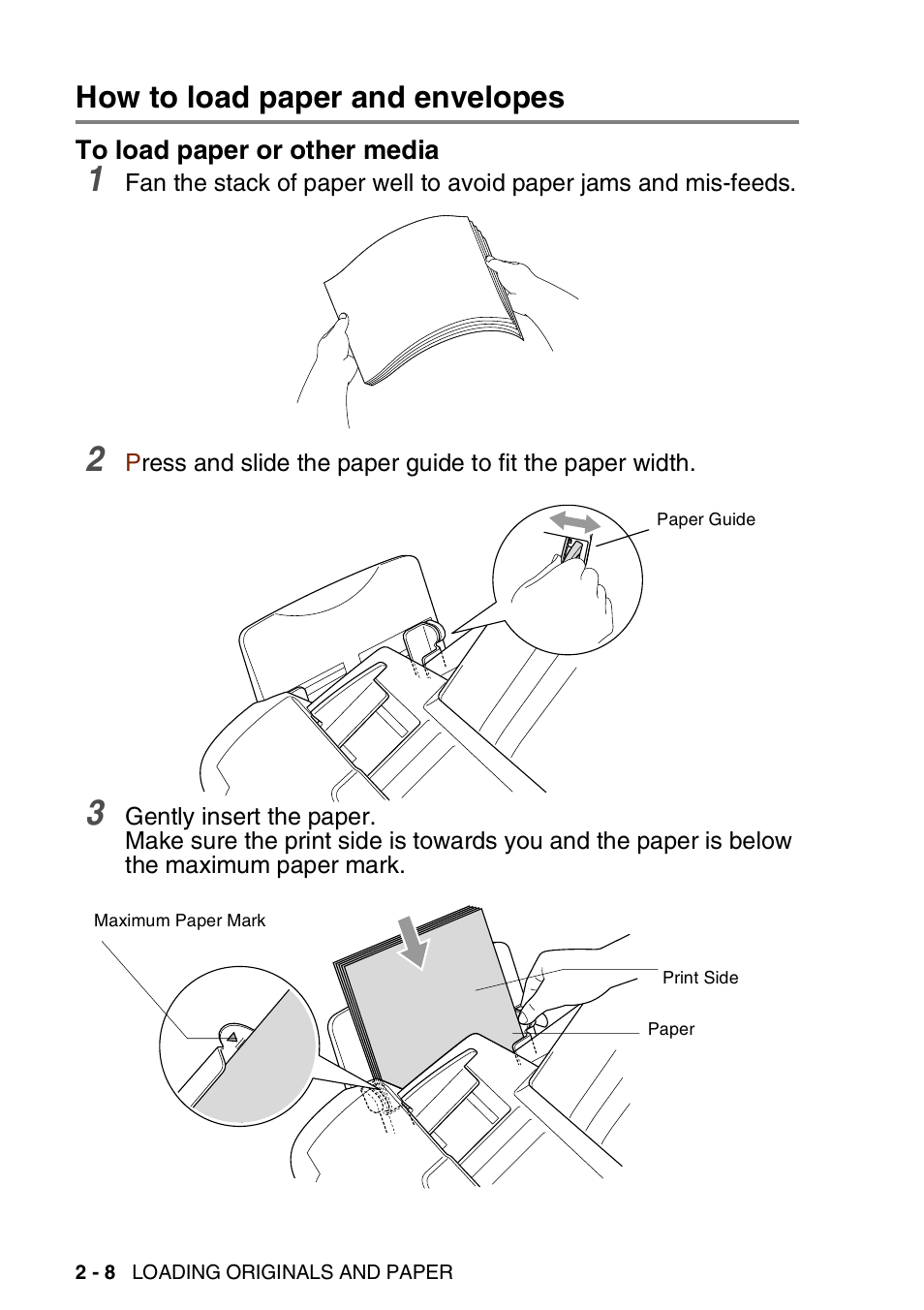 How to load paper and envelopes, To load paper or other media, How to load paper and envelopes -8 | To load paper or other media -8 | Brother MFC-3820CN User Manual | Page 45 / 191