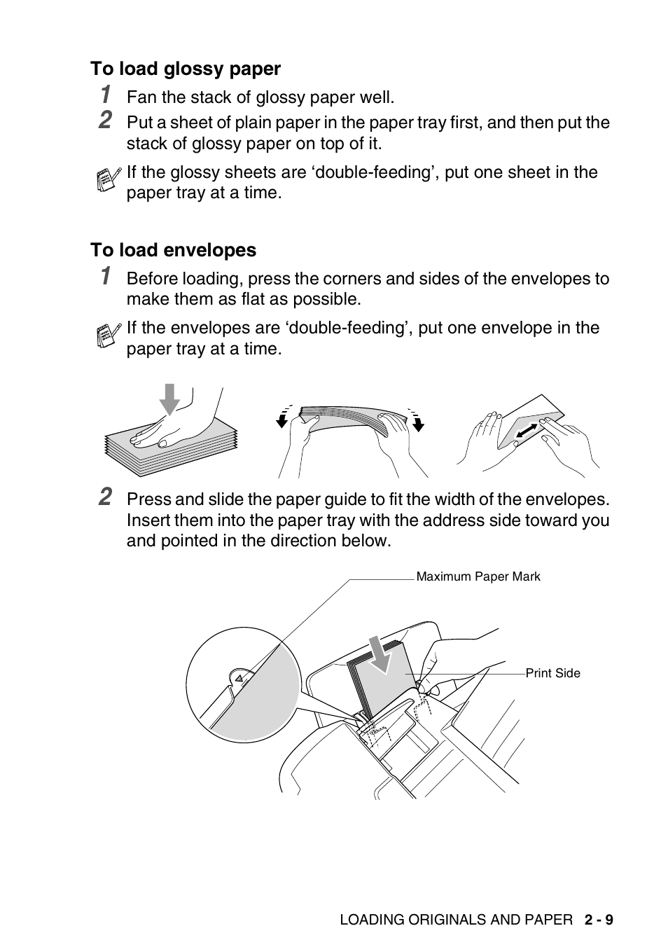 To load glossy paper, To load envelopes, To load glossy paper -9 to load envelopes -9 | Brother MFC-3820CN User Manual | Page 46 / 191