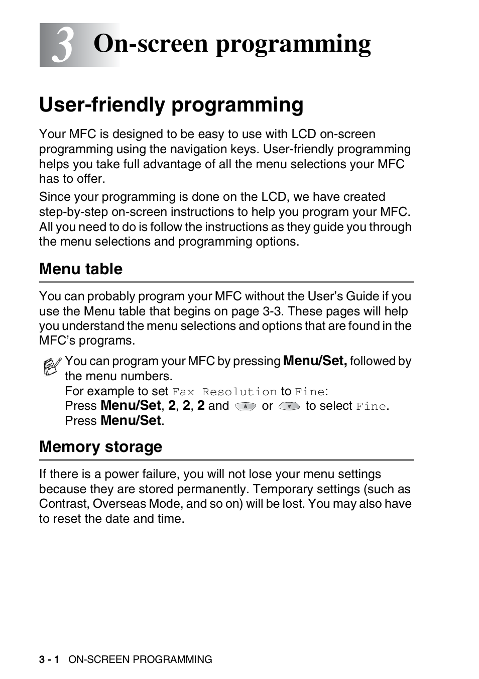 3 on-screen programming, User-friendly programming, Menu table | Memory storage, On-screen programming -1, User-friendly programming -1, Menu table -1 memory storage -1, On-screen programming | Brother MFC-3820CN User Manual | Page 47 / 191