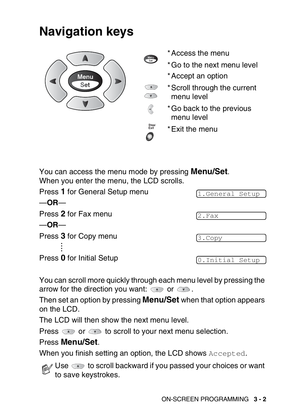 Navigation keys, Navigation keys -2 | Brother MFC-3820CN User Manual | Page 48 / 191