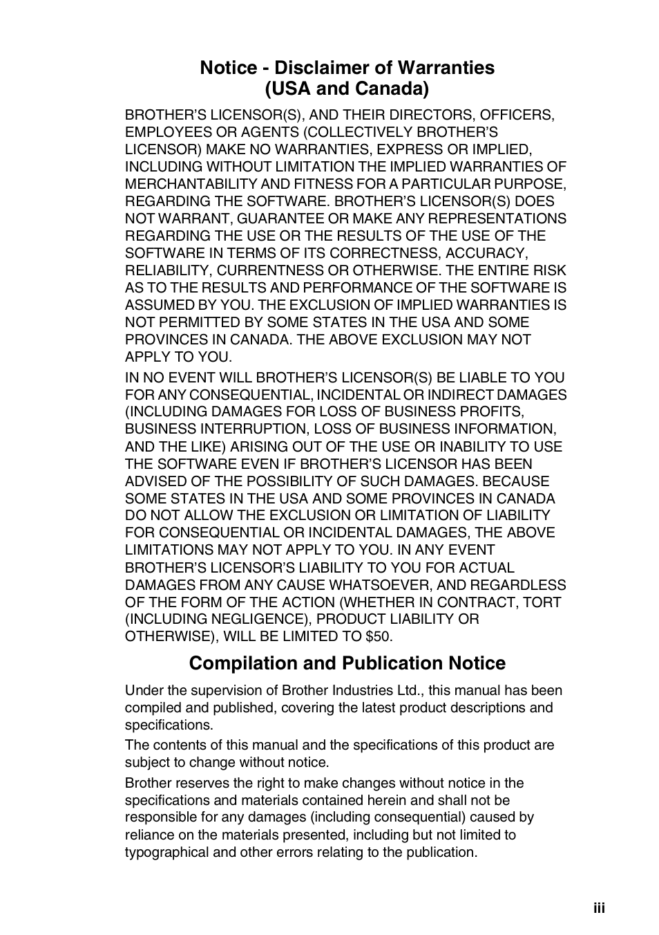 Notice - disclaimer of warranties (usa and canada), Compilation and publication notice | Brother MFC-3820CN User Manual | Page 5 / 191