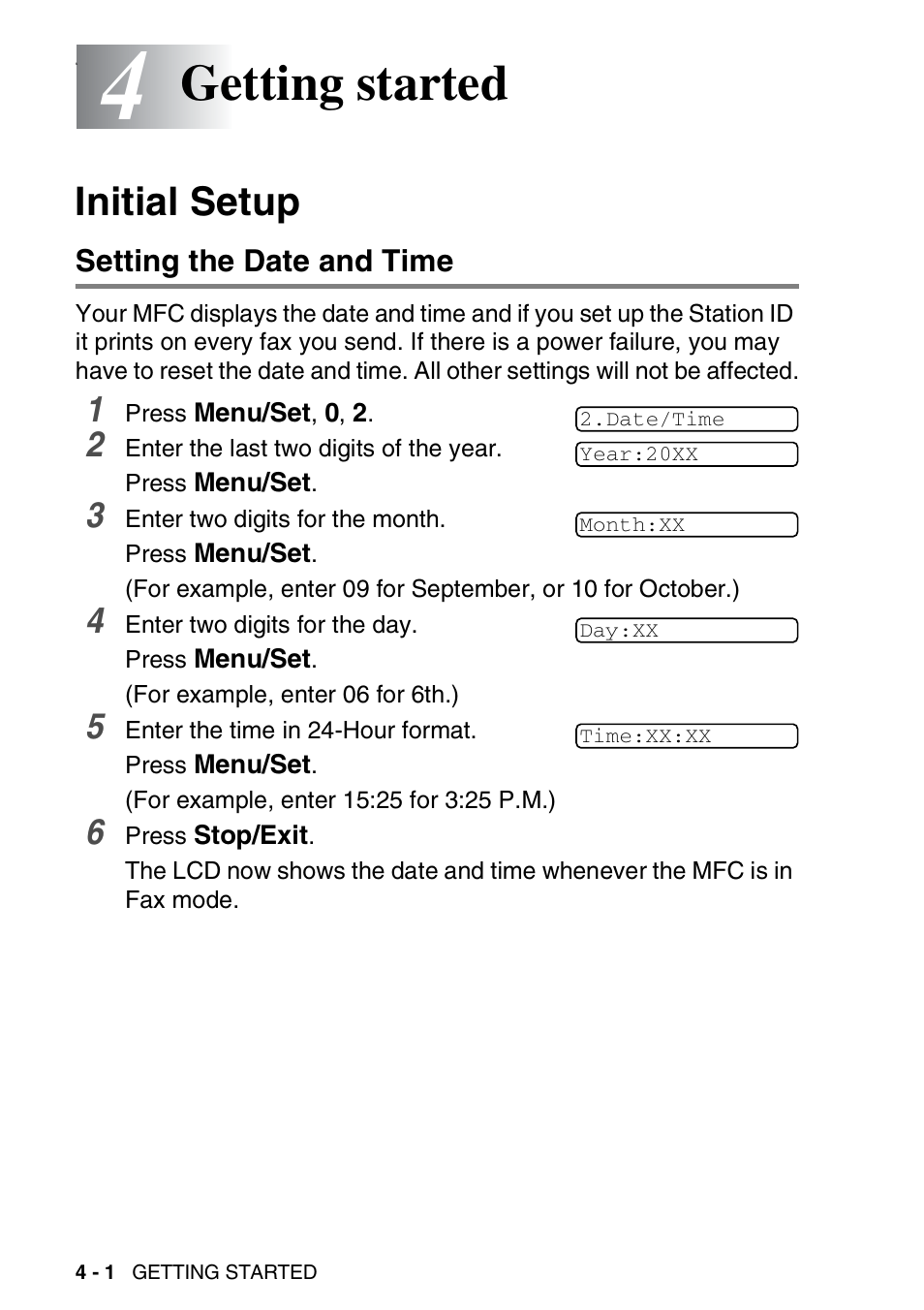 4 getting started, Initial setup, Setting the date and time | Getting started -1, Initial setup -1, Setting the date and time -1, Getting started | Brother MFC-3820CN User Manual | Page 59 / 191