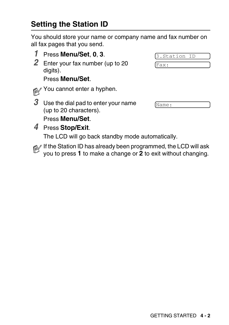 Setting the station id, Setting the station id -2 | Brother MFC-3820CN User Manual | Page 60 / 191