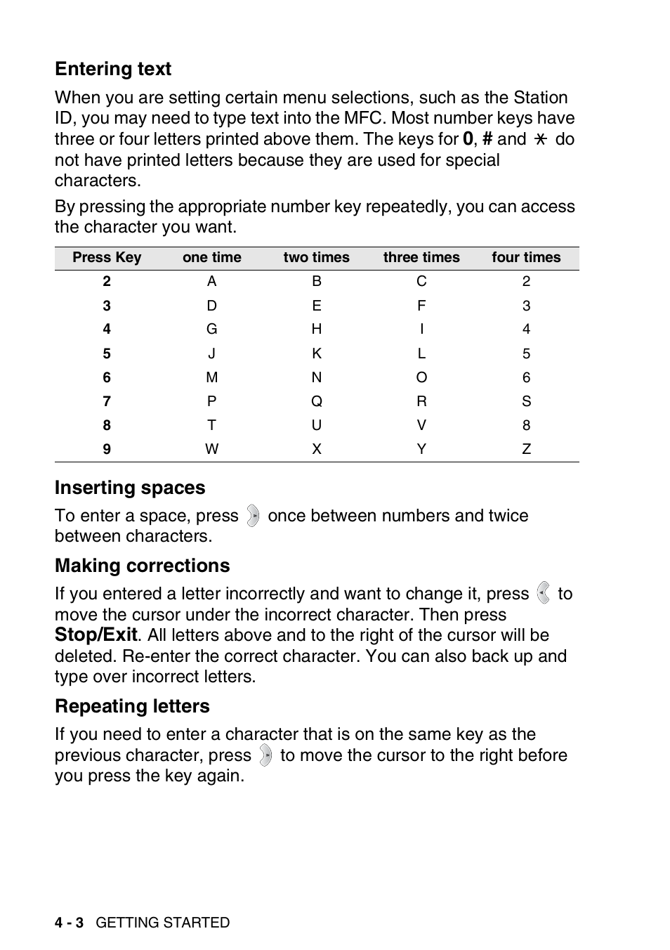 Entering text, Inserting spaces, Making corrections | Repeating letters, Stop/exit | Brother MFC-3820CN User Manual | Page 61 / 191