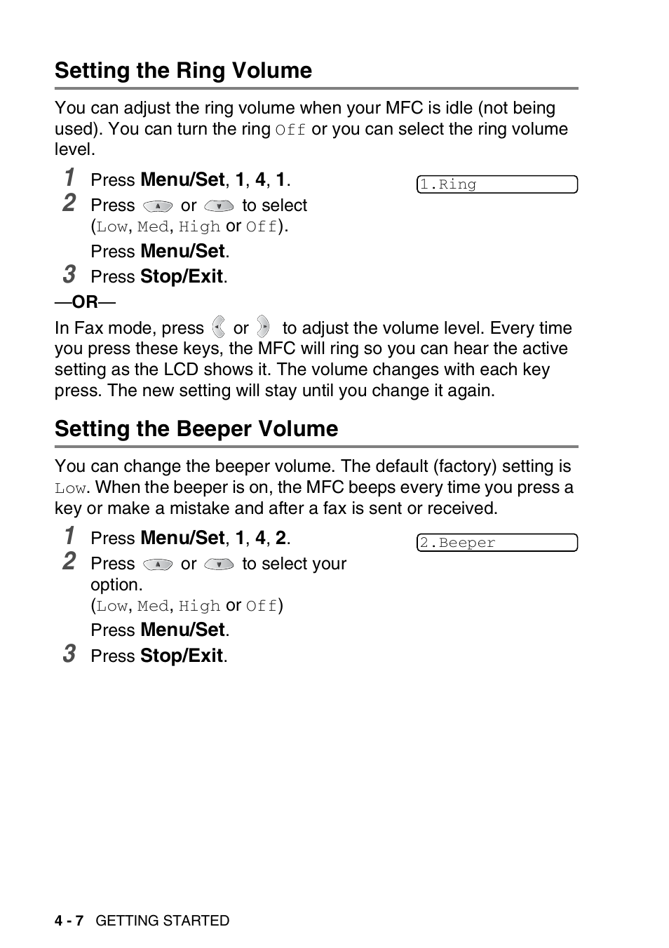 Setting the ring volume, Setting the beeper volume | Brother MFC-3820CN User Manual | Page 65 / 191