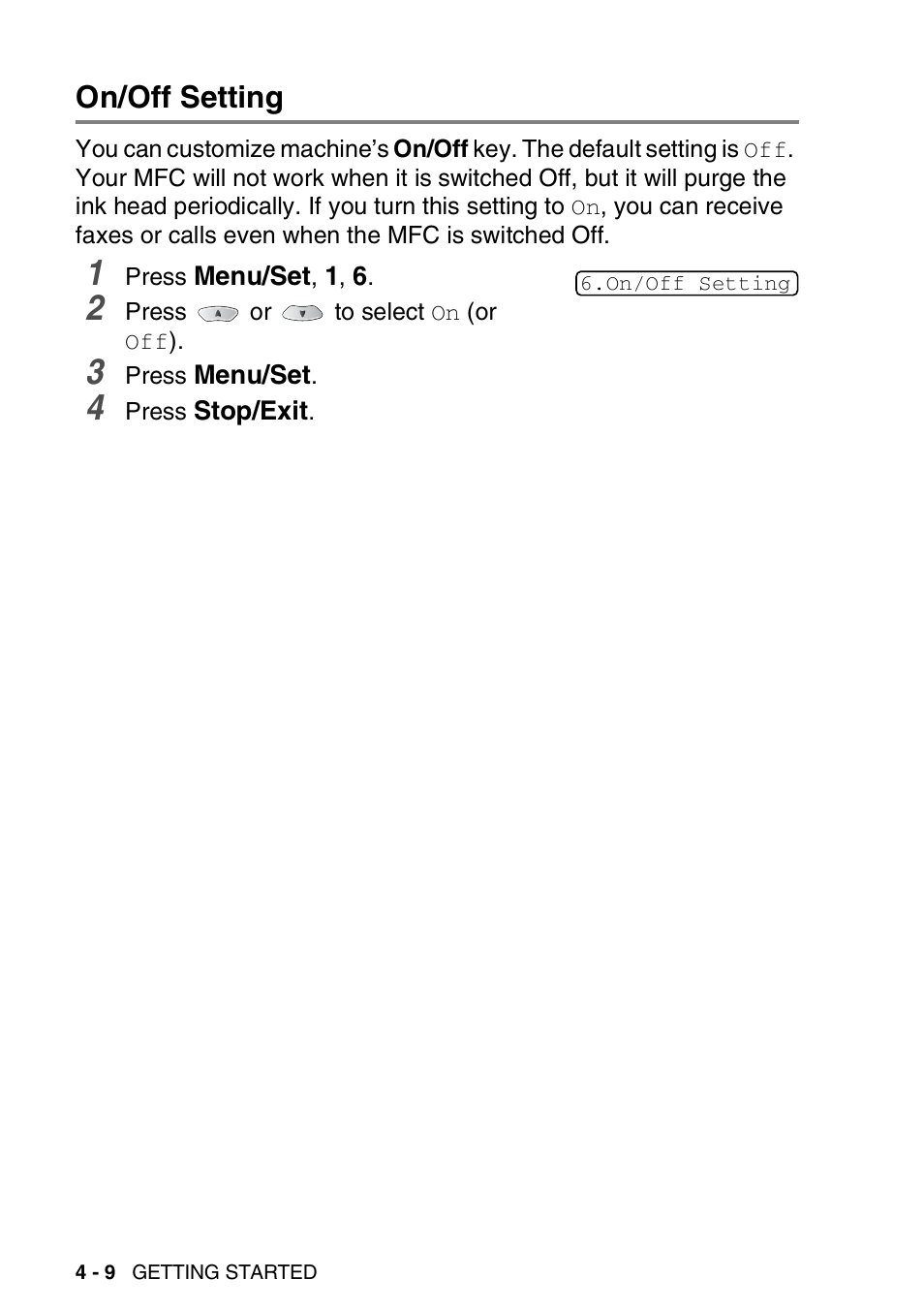 On/off setting, On/off setting -9 | Brother MFC-3820CN User Manual | Page 67 / 191