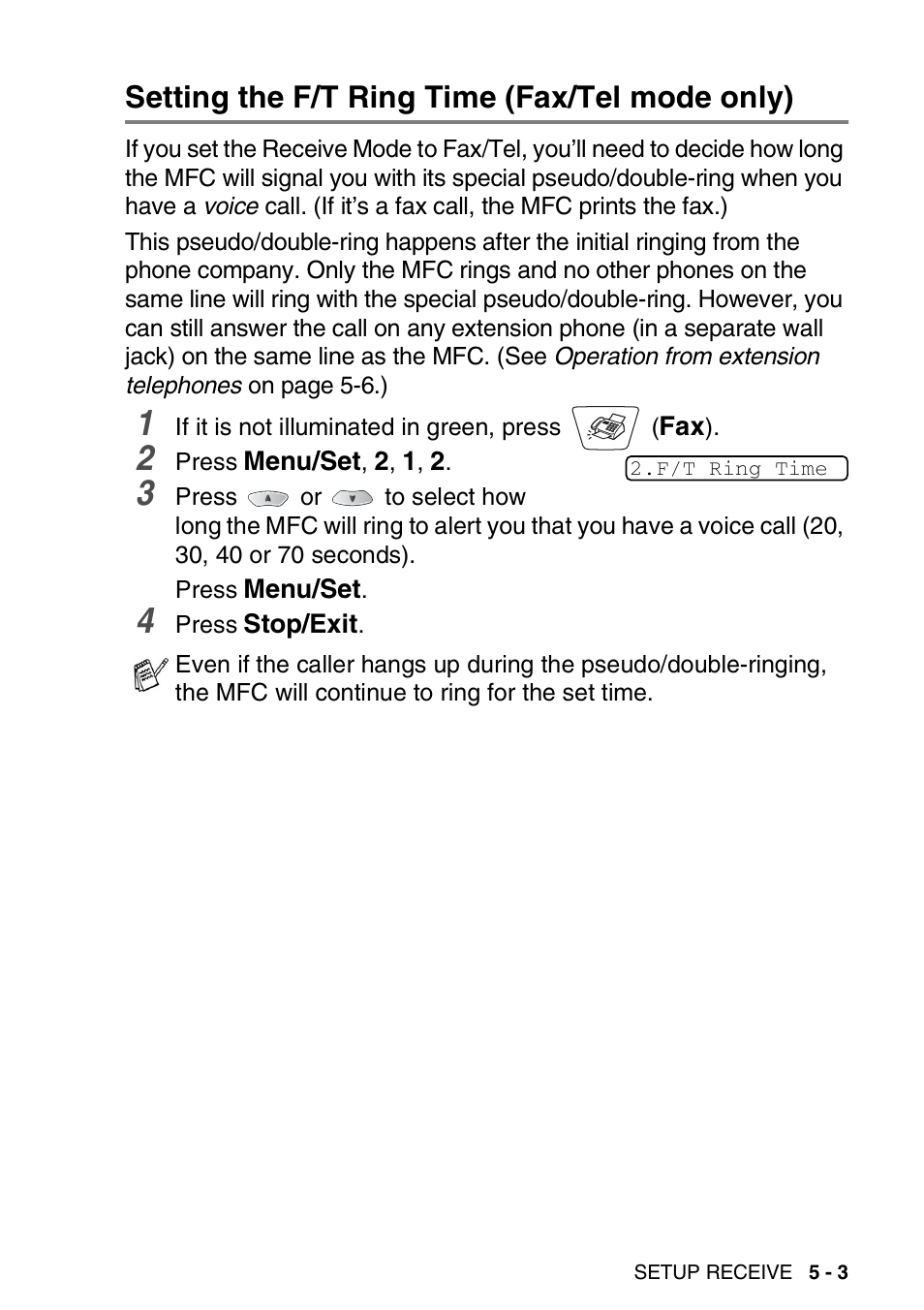 Setting the f/t ring time (fax/tel mode only), Setting the f/t ring time (fax/tel mode only) -3 | Brother MFC-3820CN User Manual | Page 70 / 191