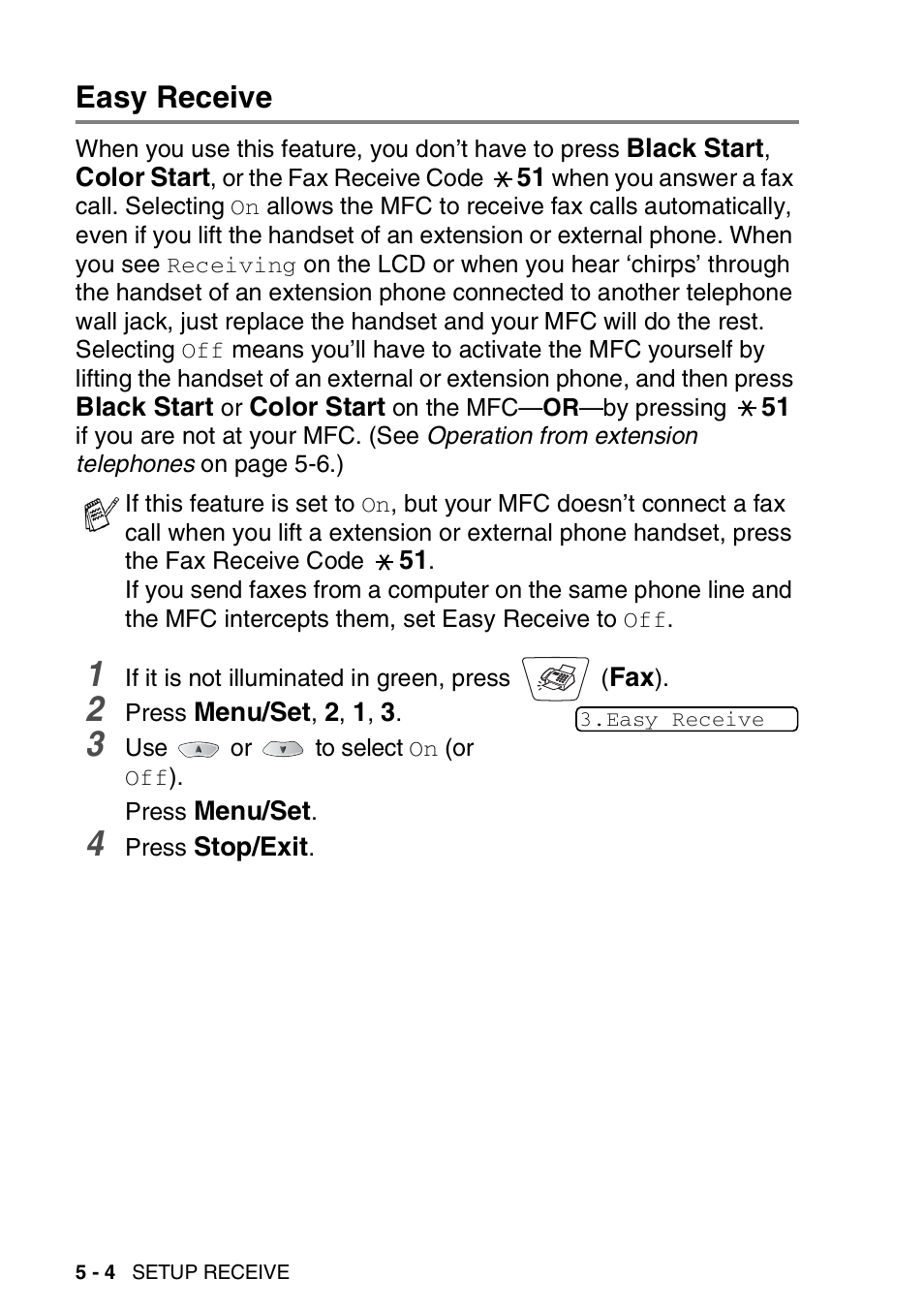 Easy receive, Easy receive -4 | Brother MFC-3820CN User Manual | Page 71 / 191