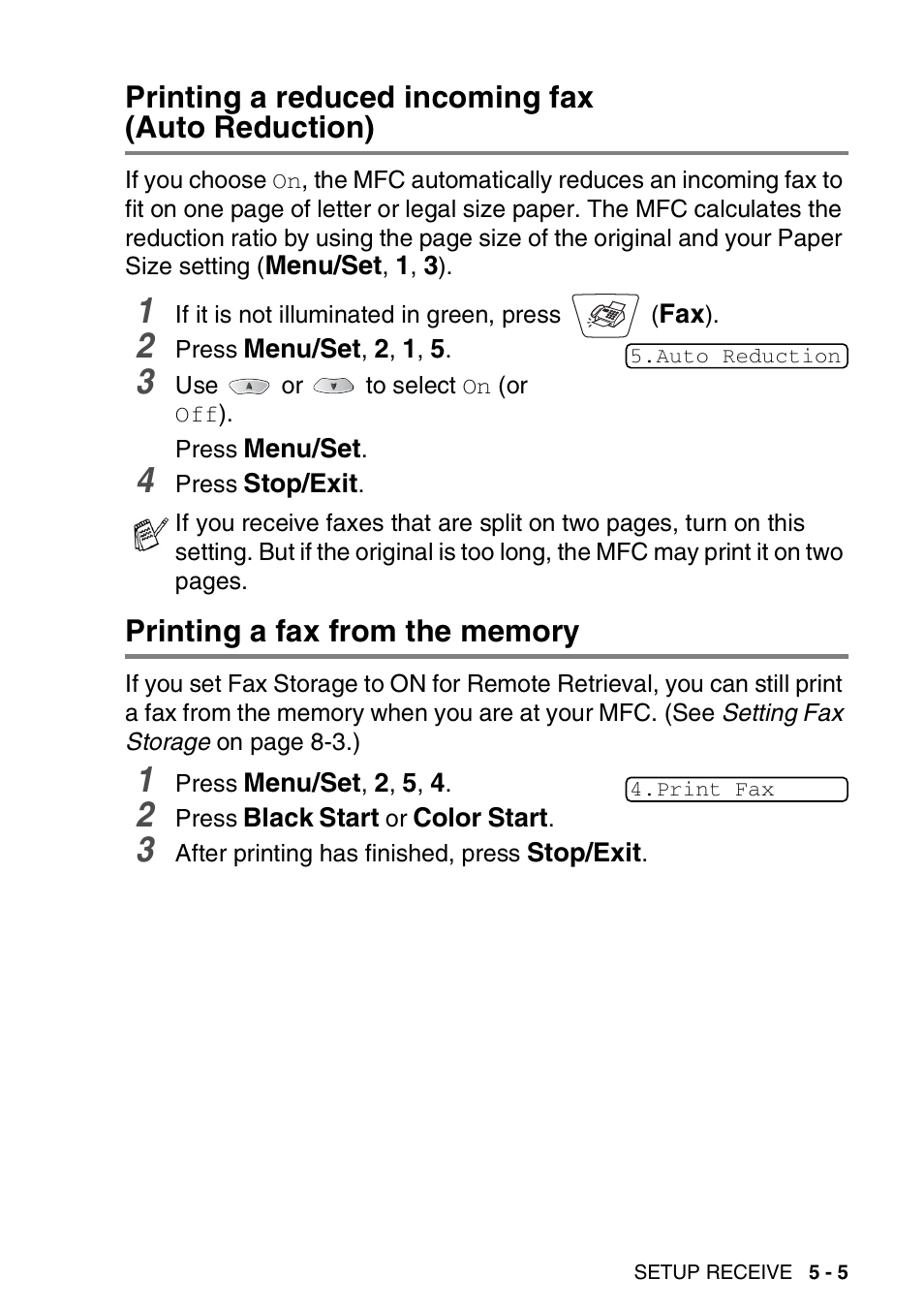 Printing a reduced incoming fax (auto reduction), Printing a fax from the memory, Printing a reduced incoming fax | Auto reduction) -5, Printing a fax from the memory -5 | Brother MFC-3820CN User Manual | Page 72 / 191