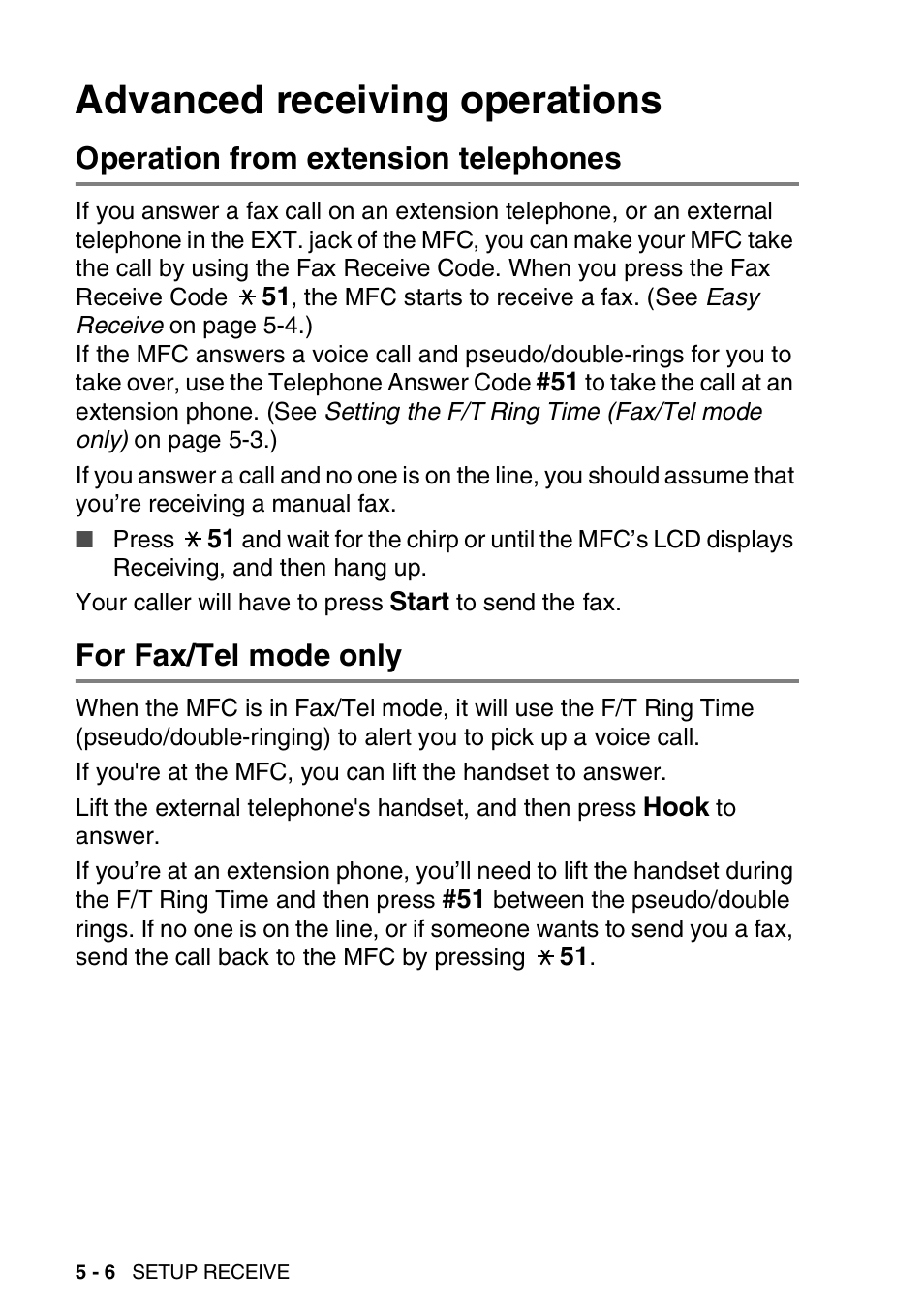 Advanced receiving operations, Operation from extension telephones, For fax/tel mode only | Advanced receiving operations -6 | Brother MFC-3820CN User Manual | Page 73 / 191
