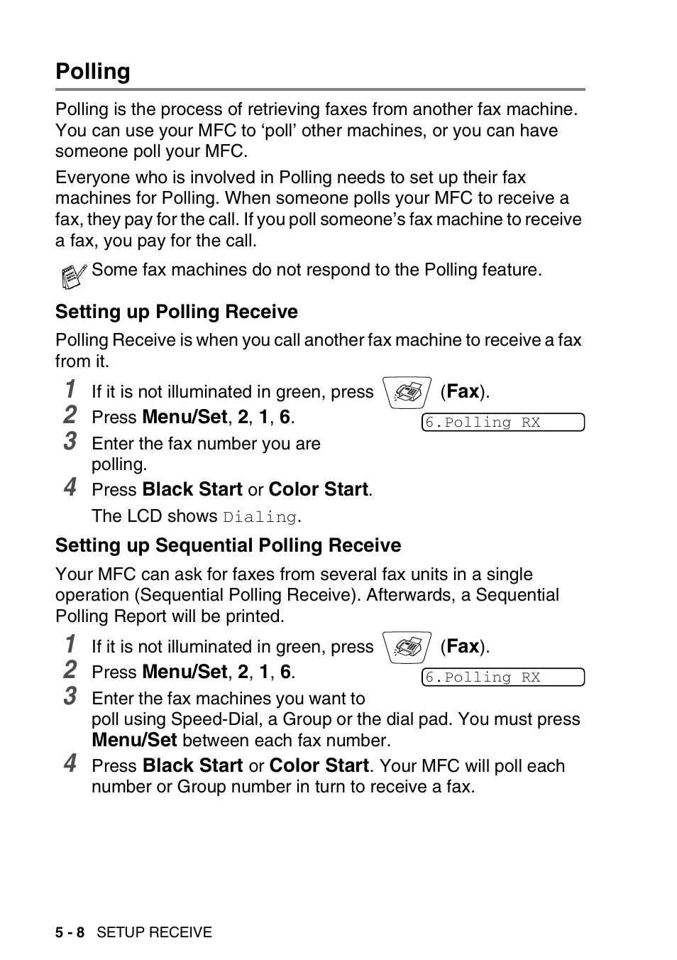 Polling, Setting up polling receive, Setting up sequential polling receive | Polling -8 | Brother MFC-3820CN User Manual | Page 75 / 191