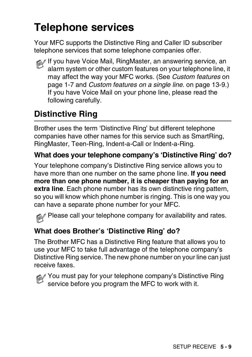 Telephone services, Distinctive ring, What does brother’s ‘distinctive ring’ do | Telephone services -9, Distinctive ring -9, What does your telephone company’s, Distinctive ring’ do? -9, What does brother’s ‘distinctive ring’ do? -9 | Brother MFC-3820CN User Manual | Page 76 / 191