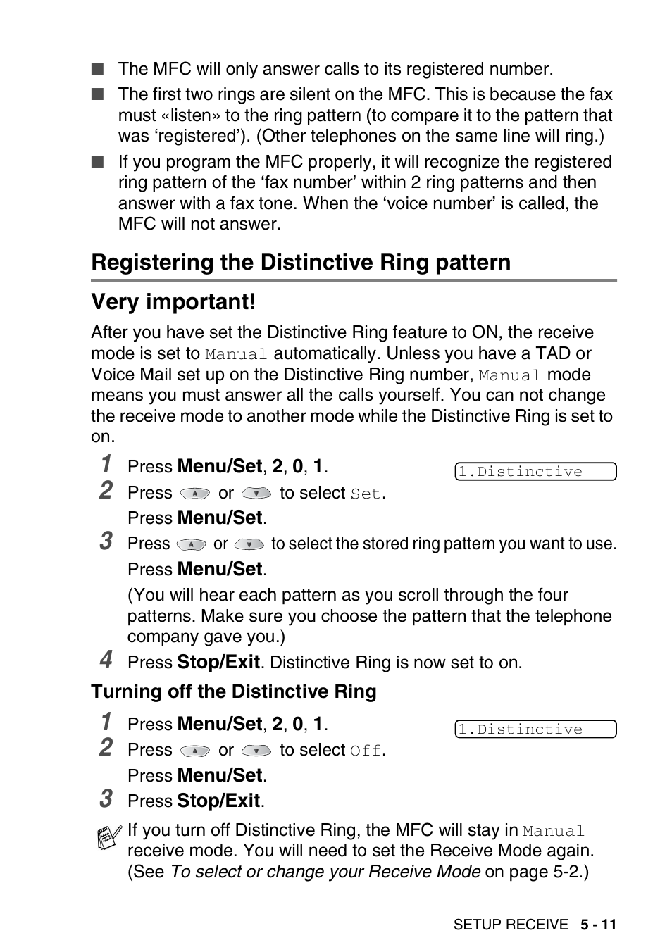 Registering the distinctive ring pattern, Turning off the distinctive ring, Registering the distinctive ring pattern -11 | Turning off the distinctive ring -11 | Brother MFC-3820CN User Manual | Page 78 / 191