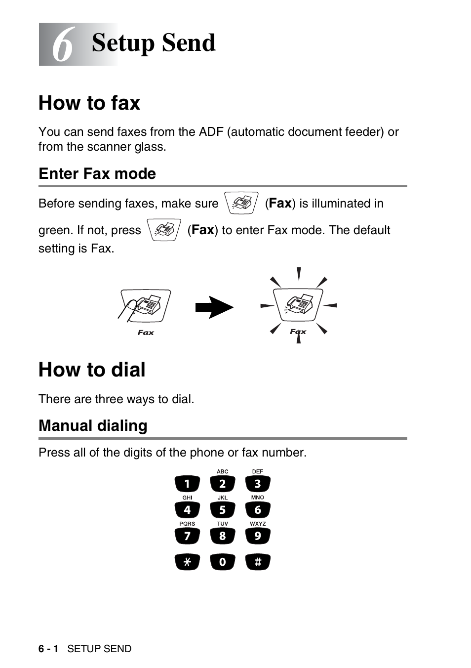 6 setup send, How to fax, Enter fax mode | How to dial, Manual dialing, Setup send -1, How to fax -1, Enter fax mode -1, How to dial -1, Manual dialing -1 | Brother MFC-3820CN User Manual | Page 81 / 191