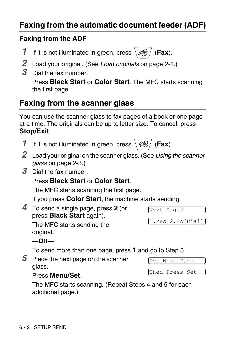 Faxing from the automatic document feeder (adf), Faxing from the adf, Faxing from the scanner glass | Faxing from the automatic document feeder (adf) -3, Faxing from the adf -3, Faxing from the scanner glass -3 | Brother MFC-3820CN User Manual | Page 83 / 191