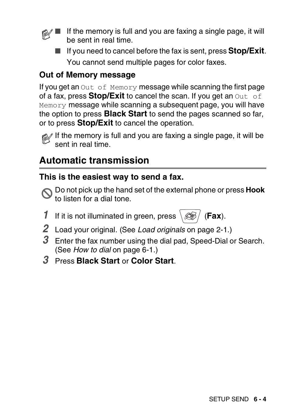 Out of memory message, Automatic transmission, This is the easiest way to send a fax | Out of memory message -4, Automatic transmission -4, This is the easiest way to send a fax -4 | Brother MFC-3820CN User Manual | Page 84 / 191