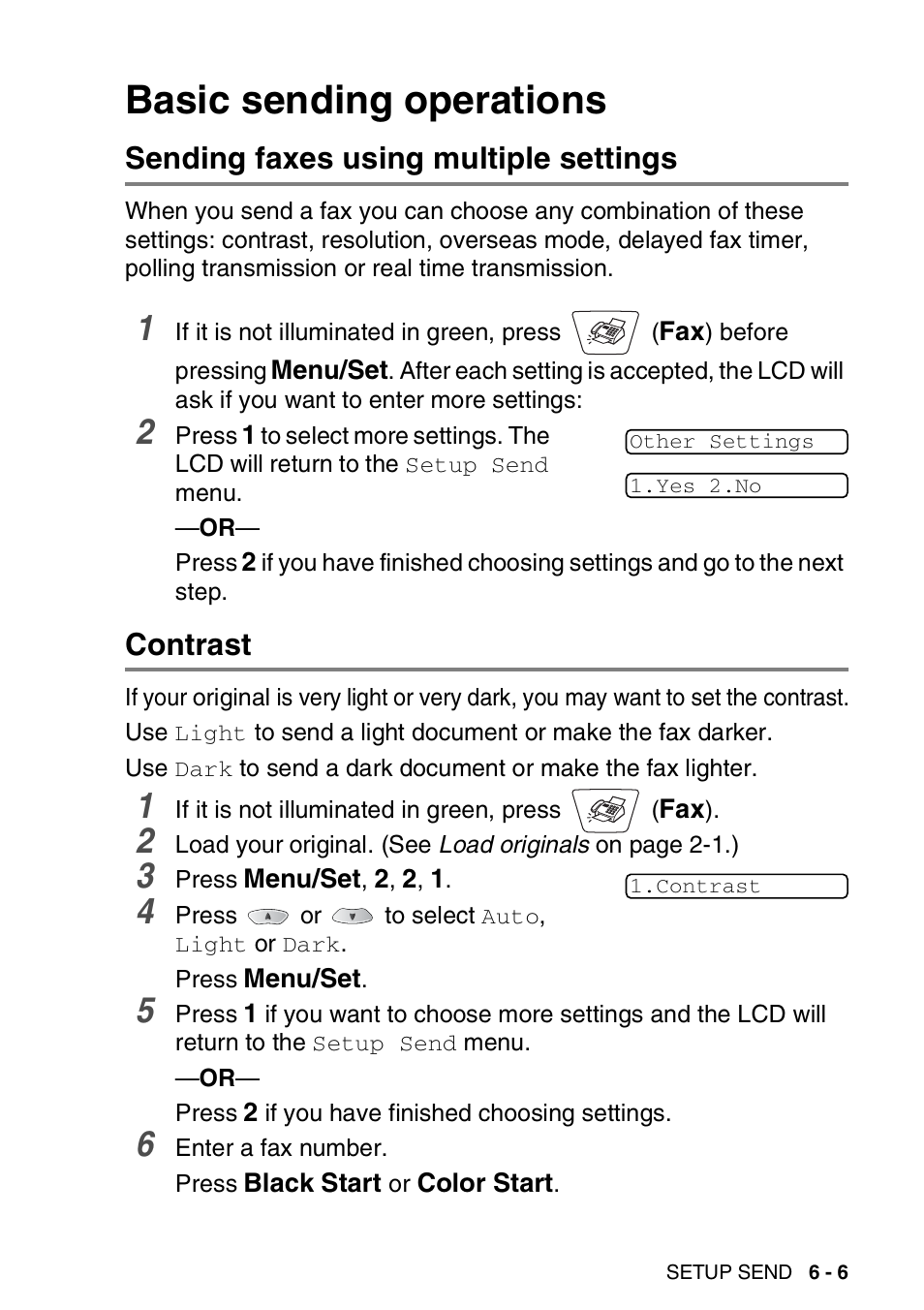 Basic sending operations, Sending faxes using multiple settings, Contrast | Basic sending operations -6 | Brother MFC-3820CN User Manual | Page 86 / 191